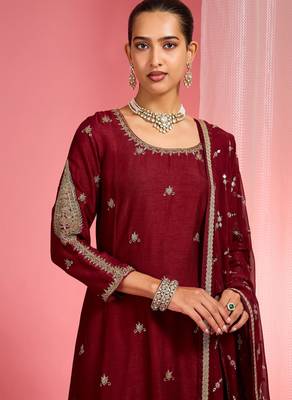 Dark maroon hand embroidered viscose dupion silk kurta sharara set 2