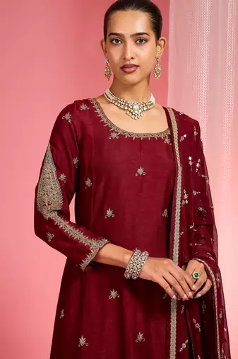Dark maroon hand embroidered viscose dupion silk kurta sharara set