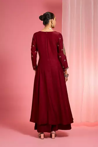 Dark maroon hand embroidered viscose dupion silk kurta sharara set