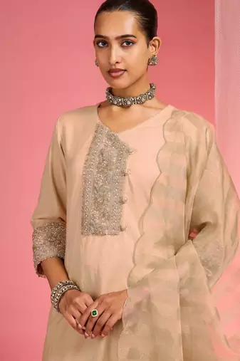 Beige  chanderi hand embroidered kurta set