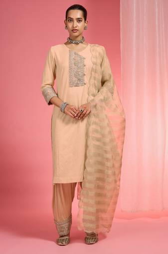 Beige  chanderi hand embroidered kurta set