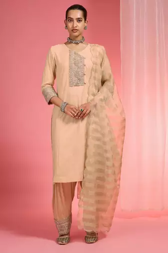 Beige  chanderi hand embroidered kurta set