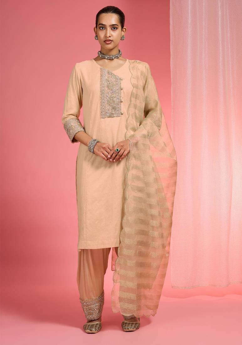 Beige  chanderi hand embroidered kurta set