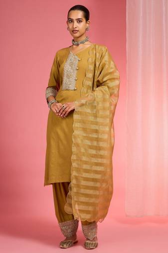 Mustard chanderi hand embroidered kurta set