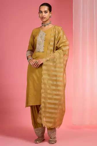 Mustard chanderi hand embroidered kurta set