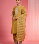 Mustard chanderi hand embroidered kurta set