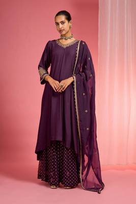 Dark wine  viscose dupion silk hand embroidered sharara set 1