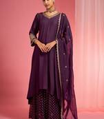 Dark wine  viscose dupion silk hand embroidered sharara set