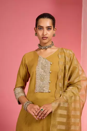 Mustard chanderi hand embroidered kurta set