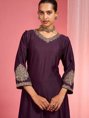 Dark wine  viscose dupion silk hand embroidered sharara set 2
