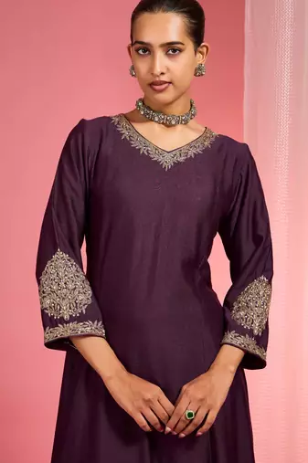 Dark wine  viscose dupion silk hand embroidered sharara set