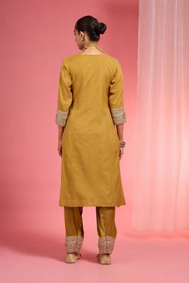 Mustard chanderi hand embroidered kurta set 3
