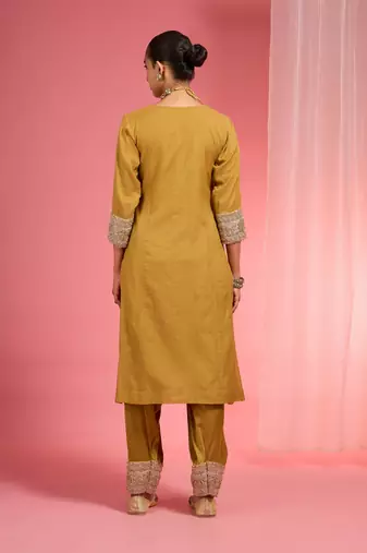 Mustard chanderi hand embroidered kurta set