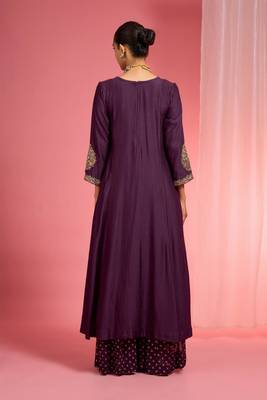 Dark wine  viscose dupion silk hand embroidered sharara set 3