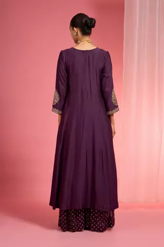 Dark wine  viscose dupion silk hand embroidered sharara set