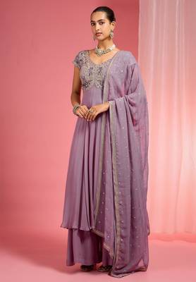 Lavender georgette hand embroidered anarkali sharara set 1