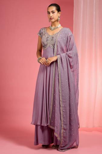 Lavender georgette hand embroidered anarkali sharara set
