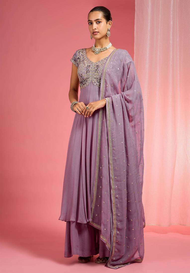 Lavender georgette hand embroidered anarkali sharara set