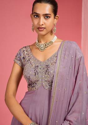 Lavender georgette hand embroidered anarkali sharara set 2