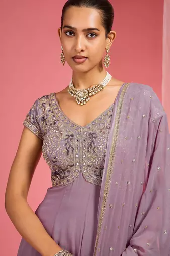 Lavender georgette hand embroidered anarkali sharara set