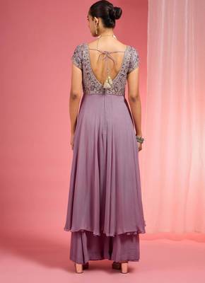 Lavender georgette hand embroidered anarkali sharara set 3