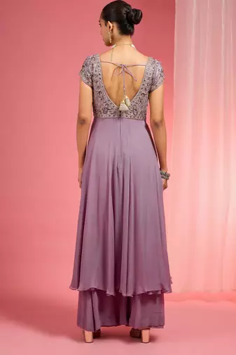 Lavender georgette hand embroidered anarkali sharara set