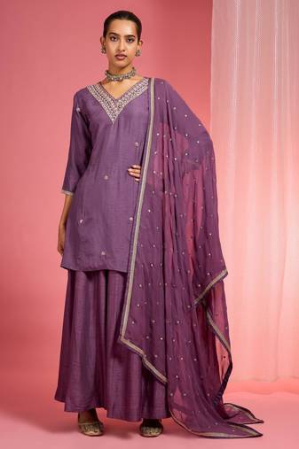Dull purple  viscose dupion silk hand embroidered sharara set