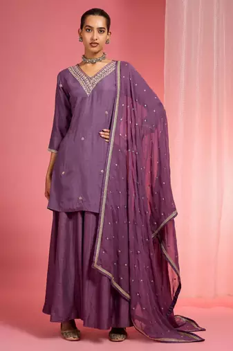Dull purple  viscose dupion silk hand embroidered sharara set