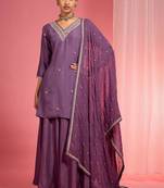 Dull purple  viscose dupion silk hand embroidered sharara set
