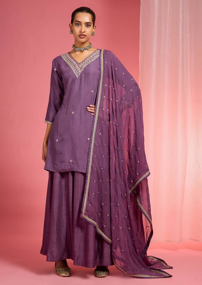 Dull purple  viscose dupion silk hand embroidered sharara set