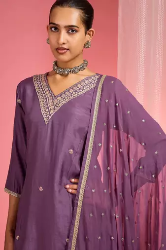 Dull purple  viscose dupion silk hand embroidered sharara set