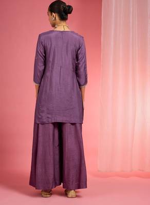 Dull purple  viscose dupion silk hand embroidered sharara set 3