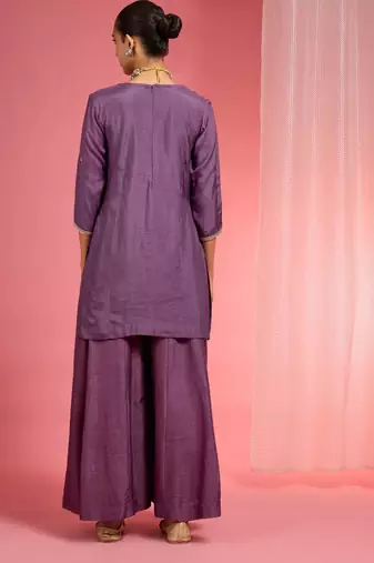 Dull purple  viscose dupion silk hand embroidered sharara set