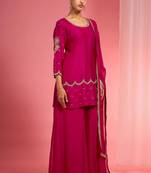 Rani pink viscose dupion silk hand embroidered sharara set