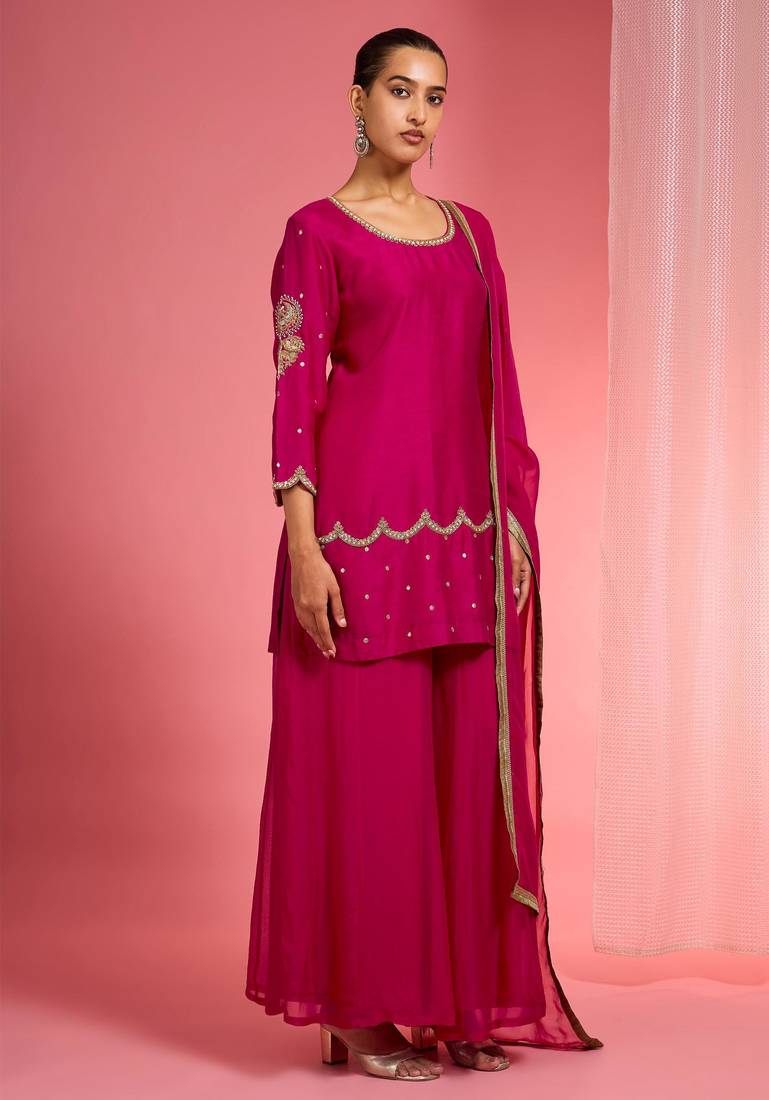 Rani pink viscose dupion silk hand embroidered sharara set