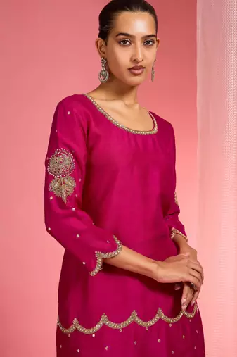 Rani pink viscose dupion silk hand embroidered sharara set