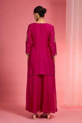 Rani pink viscose dupion silk hand embroidered sharara set 3