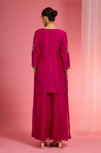 Rani pink viscose dupion silk hand embroidered sharara set