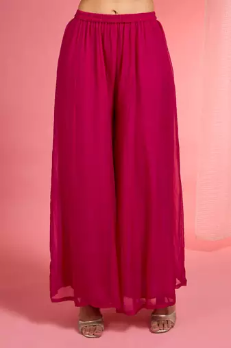 Rani pink viscose dupion silk hand embroidered sharara set