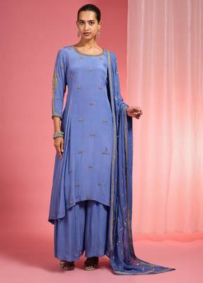 Blue hand embroidered viscose crepe  kurta sharara set 1