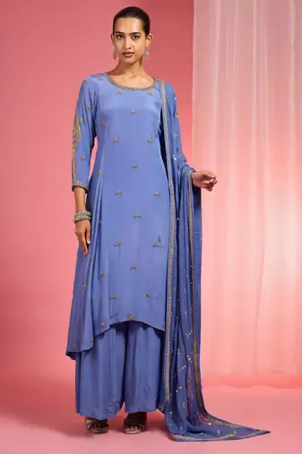 Blue hand embroidered viscose crepe  kurta sharara set