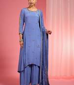 Blue hand embroidered viscose crepe  kurta sharara set