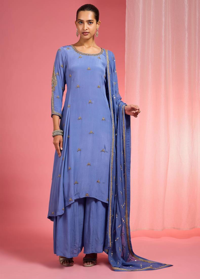 Blue hand embroidered viscose crepe  kurta sharara set
