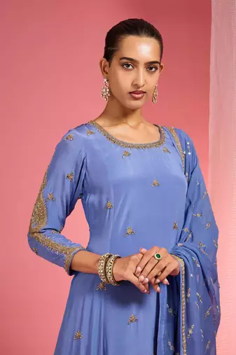 Blue hand embroidered viscose crepe  kurta sharara set