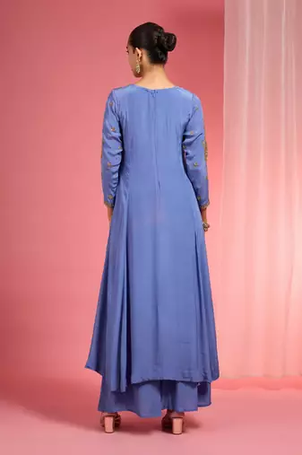 Blue hand embroidered viscose crepe  kurta sharara set