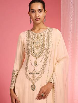Light beige organza sequin beads dabka work kurta set 2