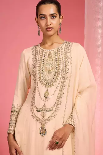 Light beige organza sequin beads dabka work kurta set