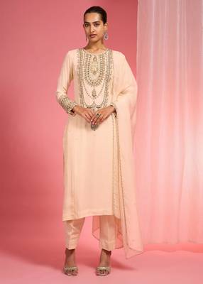Light beige organza sequin beads dabka work kurta set 1