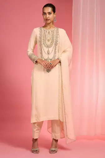 Light beige organza sequin beads dabka work kurta set