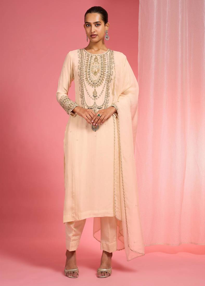 Light beige organza sequin beads dabka work kurta set